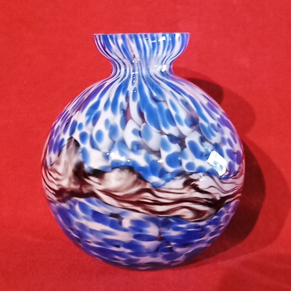 Art Glass Bud Vase. Blue with Brown Swirls..